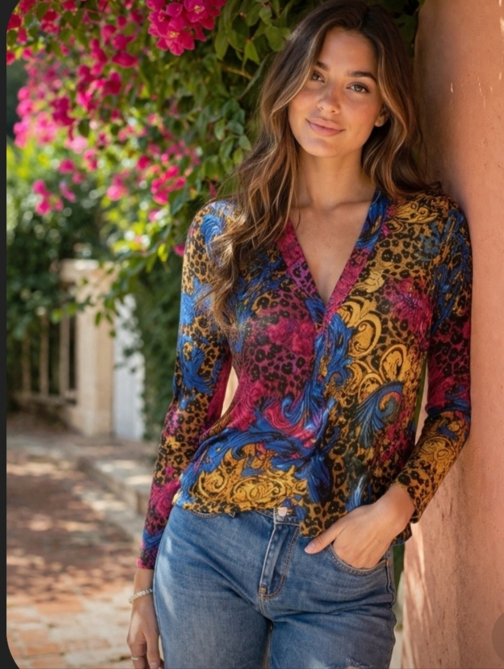 Laura Max Boho Blue Pink Orange Long Sleeve Button Down Blouse Size XS